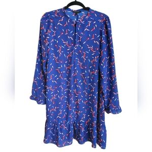 Banana Republic Women's Blue Leaf Print Ruffle-Hem Swing Shift Dress- Small EUC